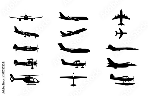 Airplane silhouette vector set, 15 aircraft icons including commercial jet, helicopter, and fighter plane, black aviation symbols for travel design