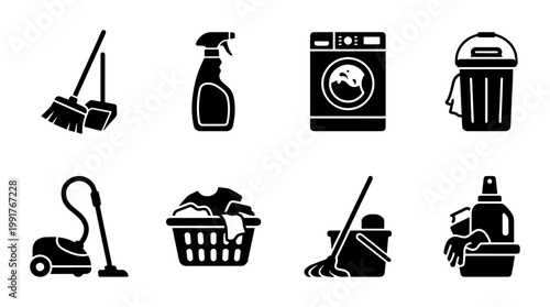 Cleaning service icons set, black silhouette household chores symbols, laundry and housekeeping equipment vector collection for home maintenance apps