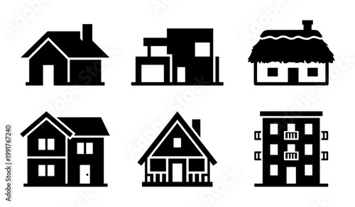 Minimalist house icon set, black silhouette building vector collection, 6 residential property symbols for real estate and architecture design