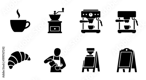 Coffee shop icon set with 8 black vector elements, professional barista and espresso machine silhouettes, cafe menu board and croissant symbols