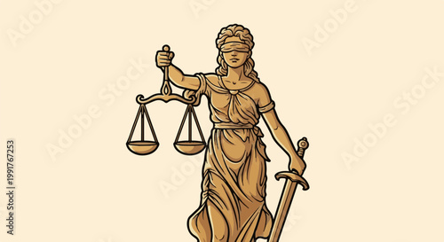 A golden statue of Justice holds scales and a sword, blindfolded, representing fairness and law