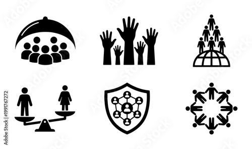 Social responsibility and human rights icon set, 6 black vector symbols for community support, gender equality and global unity concepts