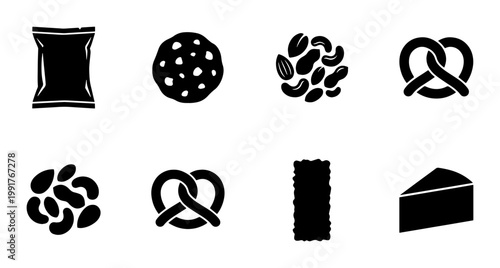 Black snack icon set with 8 vector elements, salty and sweet food silhouettes, pretzel and nut snack graphics for menu design