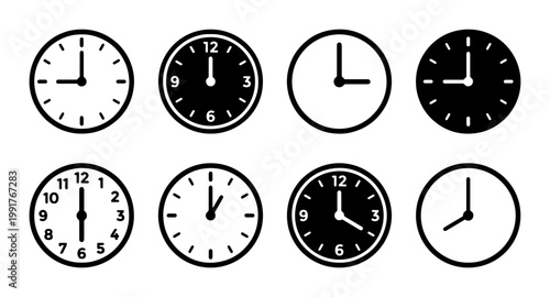 Minimalist wall clock icon set, collection of 8 analog clock vector symbols, black and white time management graphic elements for business and scheduling