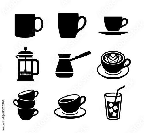Minimalist coffee icons set, black silhouette cafe drink symbols, vector collection of espresso cups, french press and latte art mugs