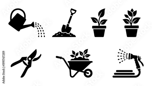 Gardening icon set with black silhouettes, collection of 7 garden tool vector elements, horticulture equipment and plant care symbols for landscaping