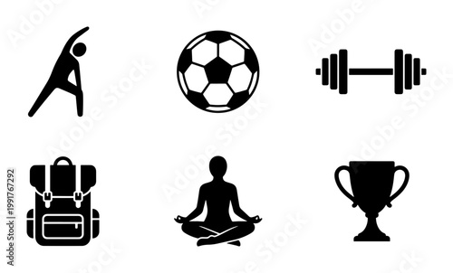 Minimalist sport and fitness icons set, black silhouette gym and workout symbols, 6 vector elements for athletic lifestyle and wellness branding