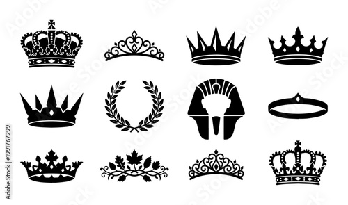 Royal crown silhouettes and heraldic symbols, set of 12 black vector icons, majestic tiaras and laurel wreath for luxury branding and logo design