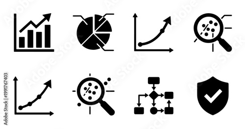 Minimalist business data analytics icon set, black vector financial charts and growth graphs, 8 professional marketing statistics symbols