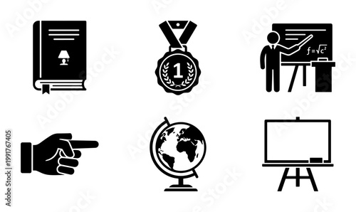 Education and school icon set, black solid vector symbols for learning and teaching, 6 academic elements including book medal globe and teacher