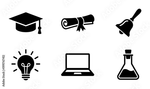 Education icon set with 6 black solid vector elements, school and graduation symbols, university learning and science research graphics for web design