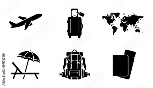 Travel and tourism icon set, black silhouette vacation symbols, 6 vector elements including airplane, luggage, world map, beach chair, backpack, and passport