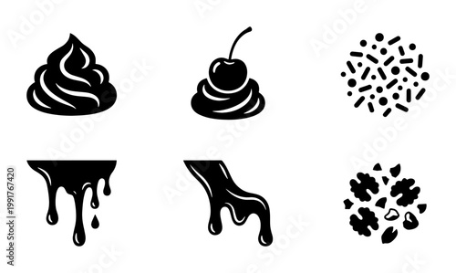Chocolate dessert topping icons, black whipped cream and cherry vector set, dripping sauce and sprinkles collection for bakery menu design