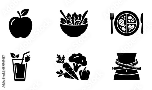 Healthy diet icons set in flat black silhouette style, nutrition and weight loss vector elements, organic food and fitness icons for wellness apps