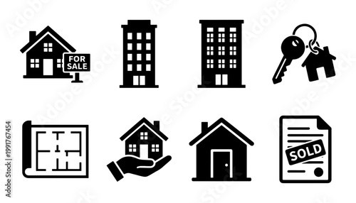 Real estate icon set with 8 black vector symbols, house for sale and sold contract signs, apartment building and floor plan illustrations