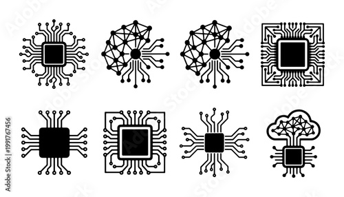 Artificial intelligence microchip icons set, 8 black vector circuit board symbols, neural network and cloud computing processor graphics