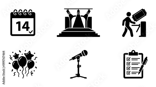 Event planning icons set, black silhouette concert and party symbols, 6 vector elements for entertainment management and show organization