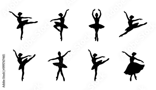 Ballerina silhouette vector set, elegant ballet dancer poses in black, 8 graceful female performers in tutu and pointe shoes for theater posters