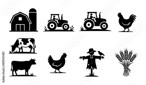 Farming and agriculture icon set, black silhouette farm animals and tractor vectors, 9 rural countryside elements for organic food branding