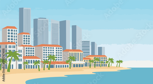 A modern city skyline with beachfront buildings and palm trees