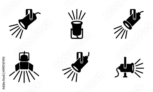 Stage spotlight icon set, professional theater lighting equipment vectors, black studio lamp silhouettes for event production and performance
