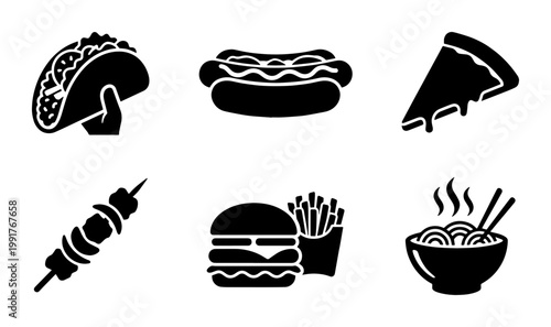 Fast food icon set with 6 black solid vector elements, junk food meal symbols including burger, pizza, taco, hot dog, noodles, and kebab