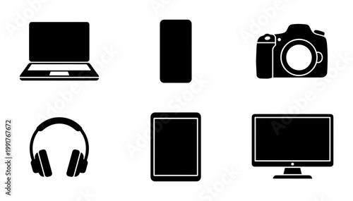 Minimalist electronic device icons, black silhouette technology symbols including laptop, smartphone, camera, headphones, tablet and desktop monitor
