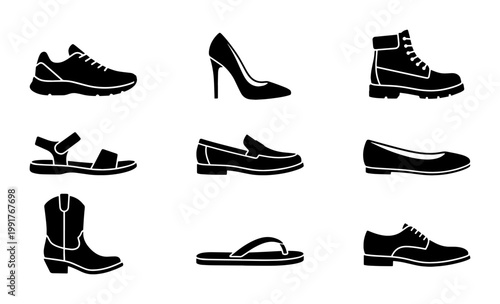 Minimalist footwear icon set with 9 black silhouettes, modern shoe collection vector, fashion footwear symbols for retail and e-commerce apps