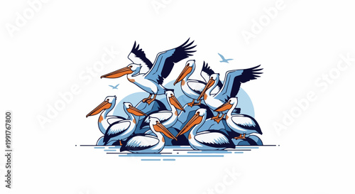 A flock of white and blue pelicans with orange beaks gather on rocky islands