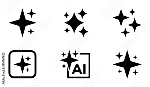 Minimalist sparkle icon set, black star twinkle vector elements, artificial intelligence AI magic symbols, clean graphic design assets for UI