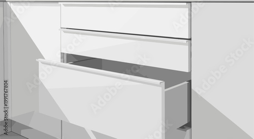 A modern kitchen cabinet with an open drawer, showcasing clean lines and minimalist design