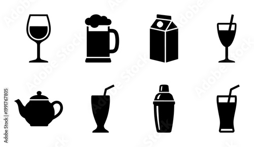 Minimalist beverage icon set, 8 black drink vector symbols, flat liquid refreshment illustrations for restaurant menus and bar signage