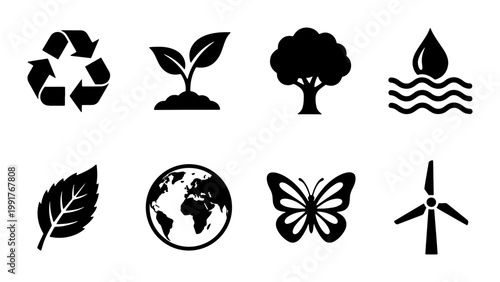 Eco friendly environment icon set, black silhouette sustainability symbols, 8 nature conservation vector elements for green energy and recycling