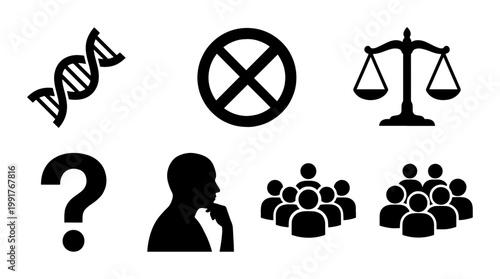 Black silhouette icons of DNA helix, justice scales, and thinking human profile. Social science and ethics vector set. People group and question mark symbols.