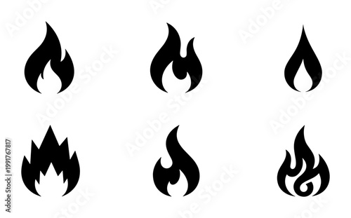 Minimalist fire flame icons set, black silhouette bonfire symbols, collection of 6 vector heat and energy signs for logo design