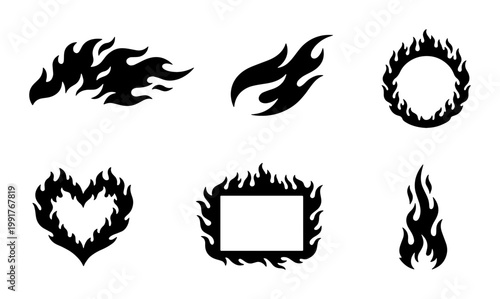 Black fire flame silhouettes set, 6 vector fire elements including heart and circle frames, tribal flame icons for automotive decals and tattoo design