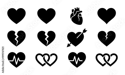 Minimalist heart icon set, black silhouette love symbols, anatomical heart and broken heart vector collection, 12 romantic graphic elements