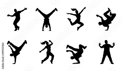 Breakdance silhouette collection of 8 urban dancers, hip hop street dance vector set, athletic performers in dynamic poses, black silhouettes on white