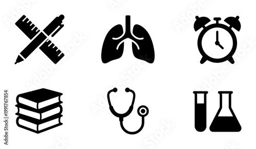 Medical and education icon set, 6 black solid vector symbols, healthcare and science research elements, school and laboratory equipment collection