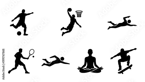 Athletic sports silhouettes set, collection of 7 black vector icons, active people playing soccer basketball tennis swimming yoga and skateboarding