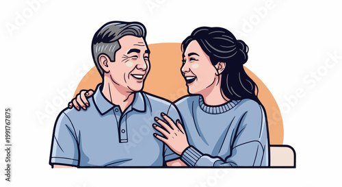 A loving couple, an older man and a younger woman, share a joyful moment, their smiles radiant