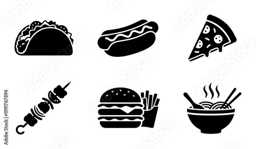Fast food icon set with 6 black solid vector elements, junk food meal symbols for restaurant menus, burger pizza and taco illustrations