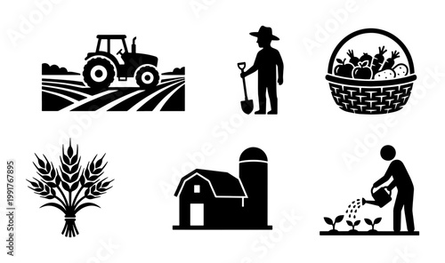 Agriculture and farming icons set, black silhouette farm symbols including tractor and barn, 6 vector elements for organic food branding and rural design