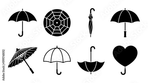 Black umbrella icons set, minimalist weather protection silhouettes, 8 vector parasol symbols for rain and sun, heart shaped umbrella and parasol graphics