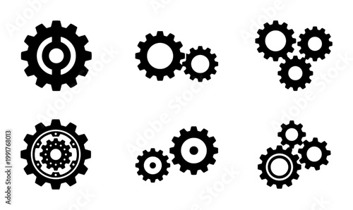 Industrial gear icons set, black mechanical cogwheel vector collection, engineering machinery parts for technical design and manufacturing concepts