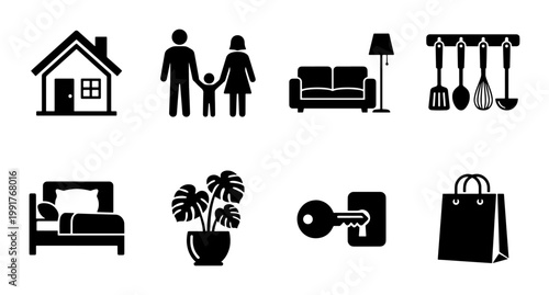 Minimalist home life icon set, black silhouette house and family symbols, 8 vector elements for real estate and lifestyle web design