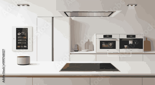 A modern, minimalist kitchen features a smart display, induction cooktop, oven, and coffee maker
