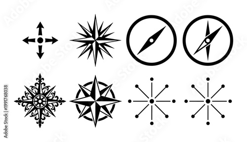 Nautical compass rose icons set, black wind rose vector symbols, vintage maritime navigation elements, 8 minimalist map direction pointers