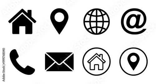 Minimalist contact icons set, black silhouette communication symbols, 8 vector elements for business cards and website footers, flat web interface signs