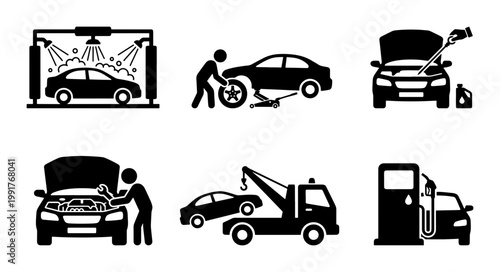 Car service and auto repair icons set, black silhouette vehicle maintenance symbols, automotive workshop and car wash vector illustrations